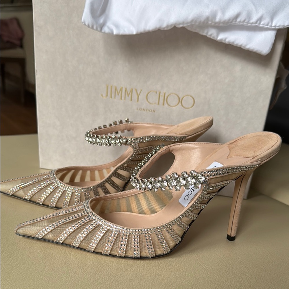 Jimmy Choo Bing 100 Crystal Embellished Suede Mesh Mule Heels